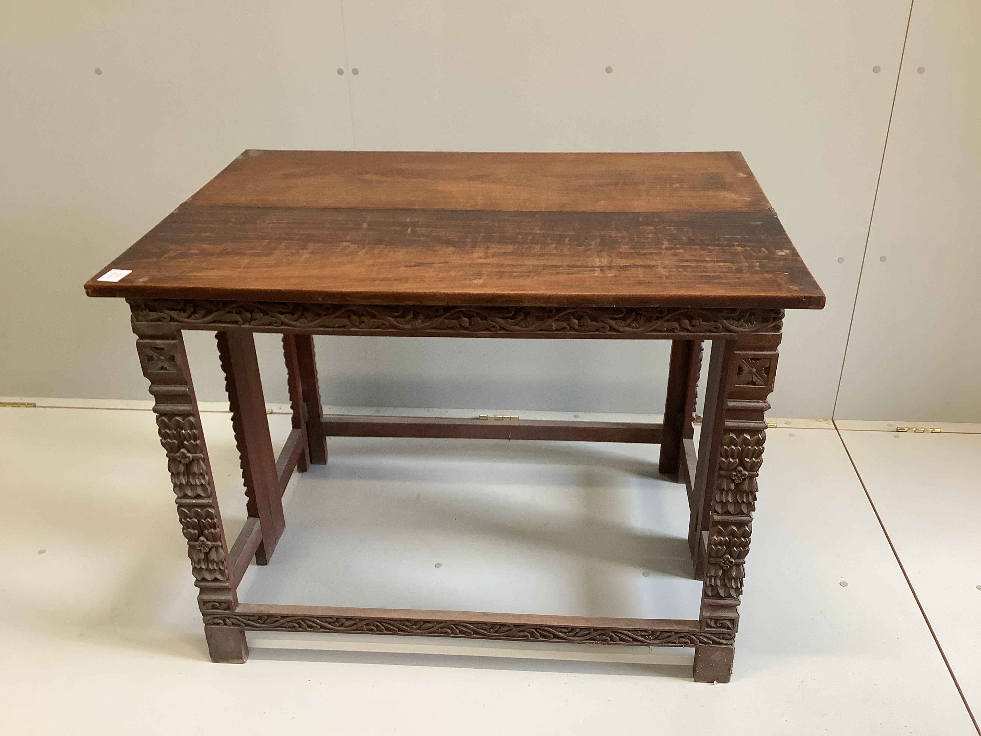 A late 19th century Anglo-Indian rectangular padouk folding table, width 103cm, depth 72cm, height 77cm